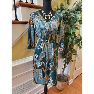 Womens Dress Size Small Faux Wrap Floral Green and Gold V Neck Tacera